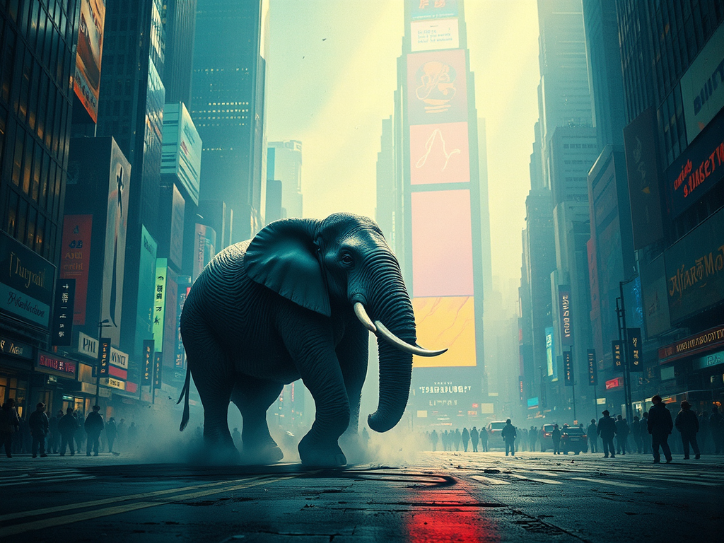 Elephant in urban movie-like