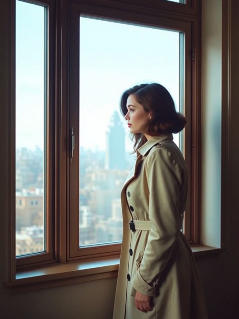 Woman looks out from