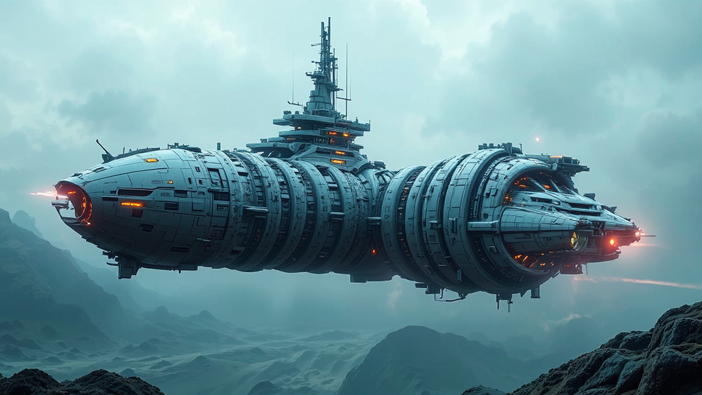 Corkscrew-shaped spaceship with docking