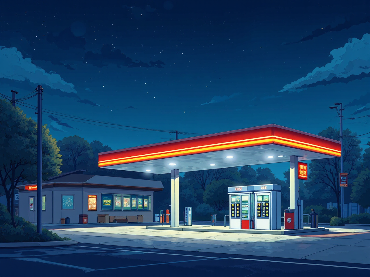 Gas station at nighttime.
