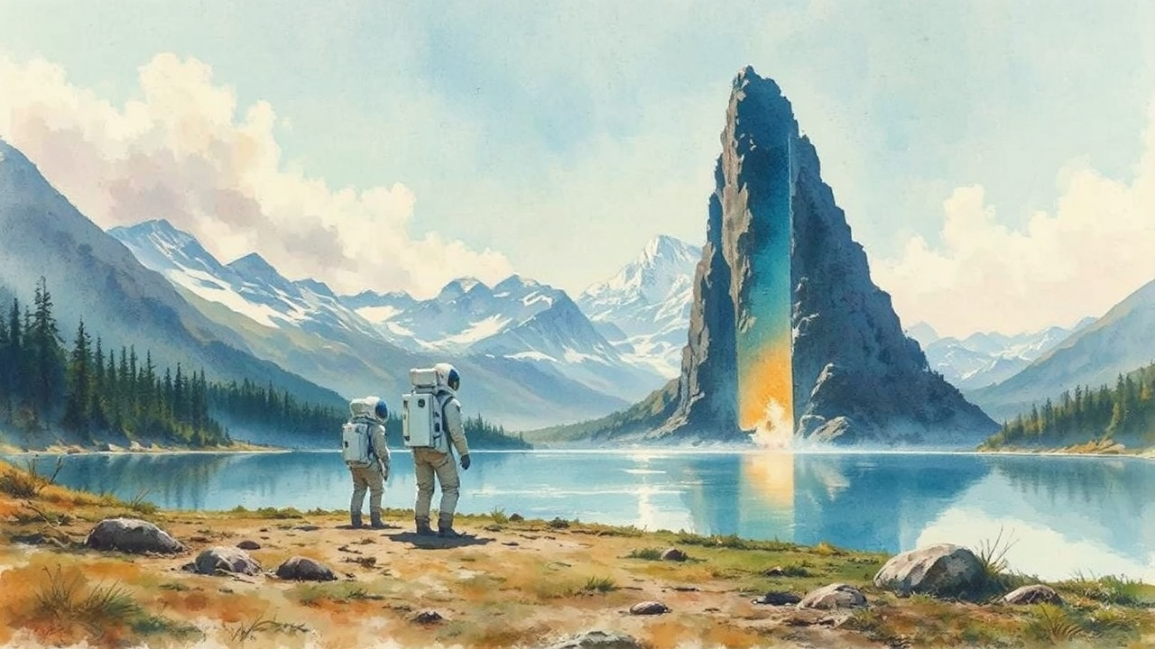 Astronauts approach a lake's
