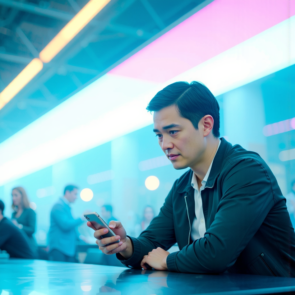 Man stares at smartphone