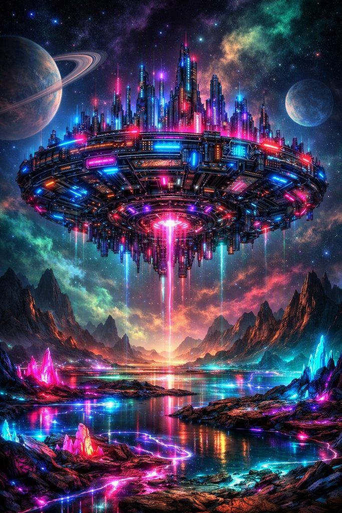 neon cyberpunk megastructure hovers