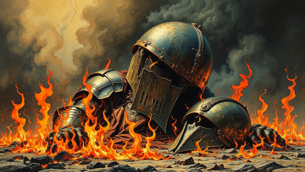 Broken armor in flames.