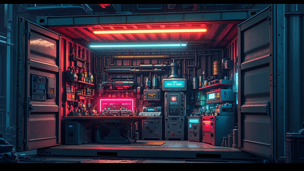 Sci-fi shipping container workshop.