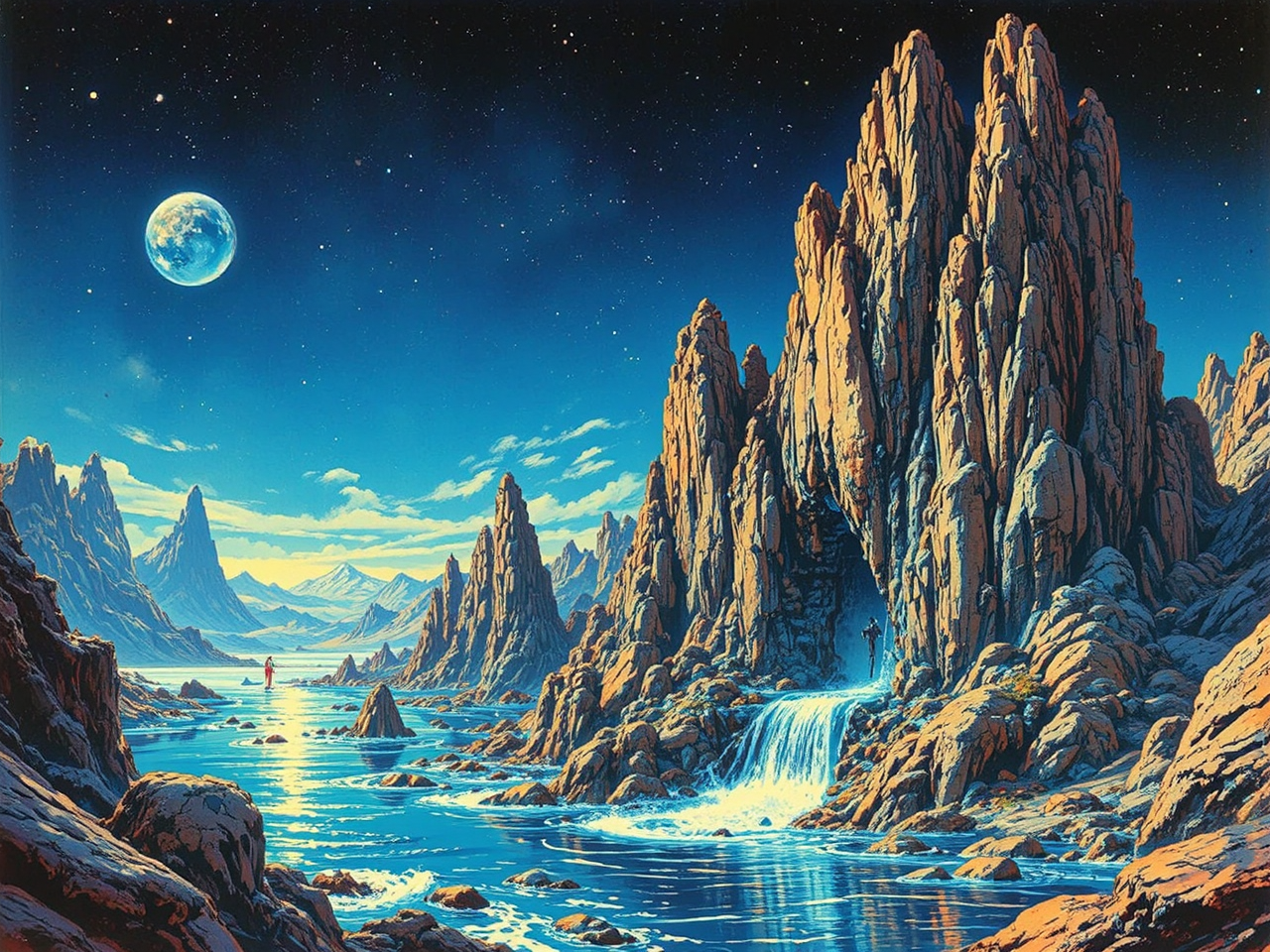 Blue waterless planet landscape.