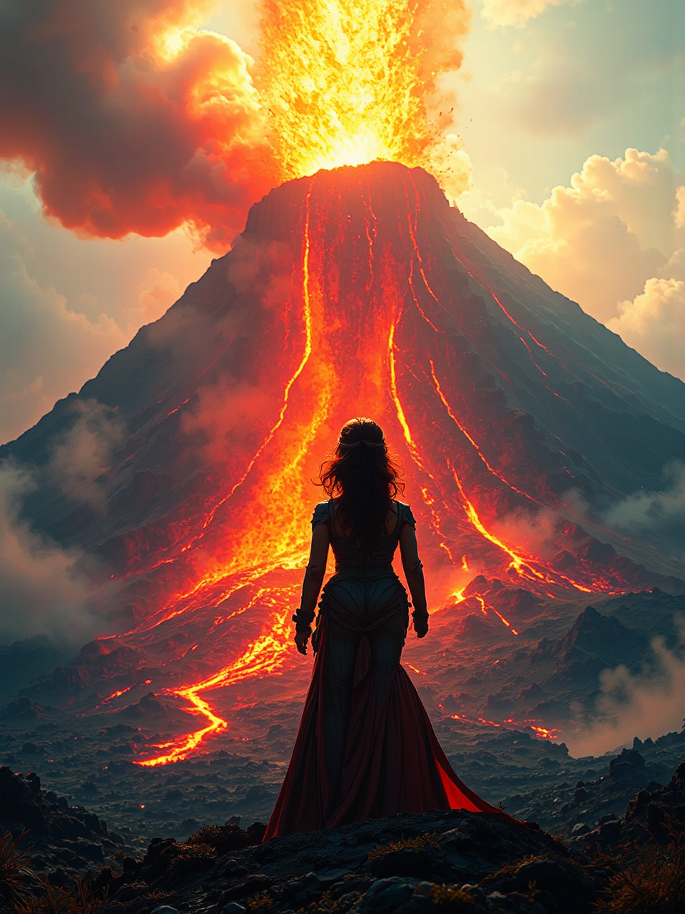 Woman stands before erupting