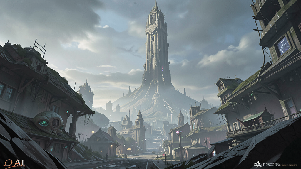 Alien city landscape, a towering megastructure looms in the distance