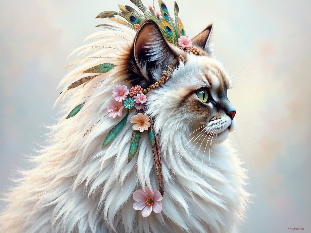 White cat in colorful