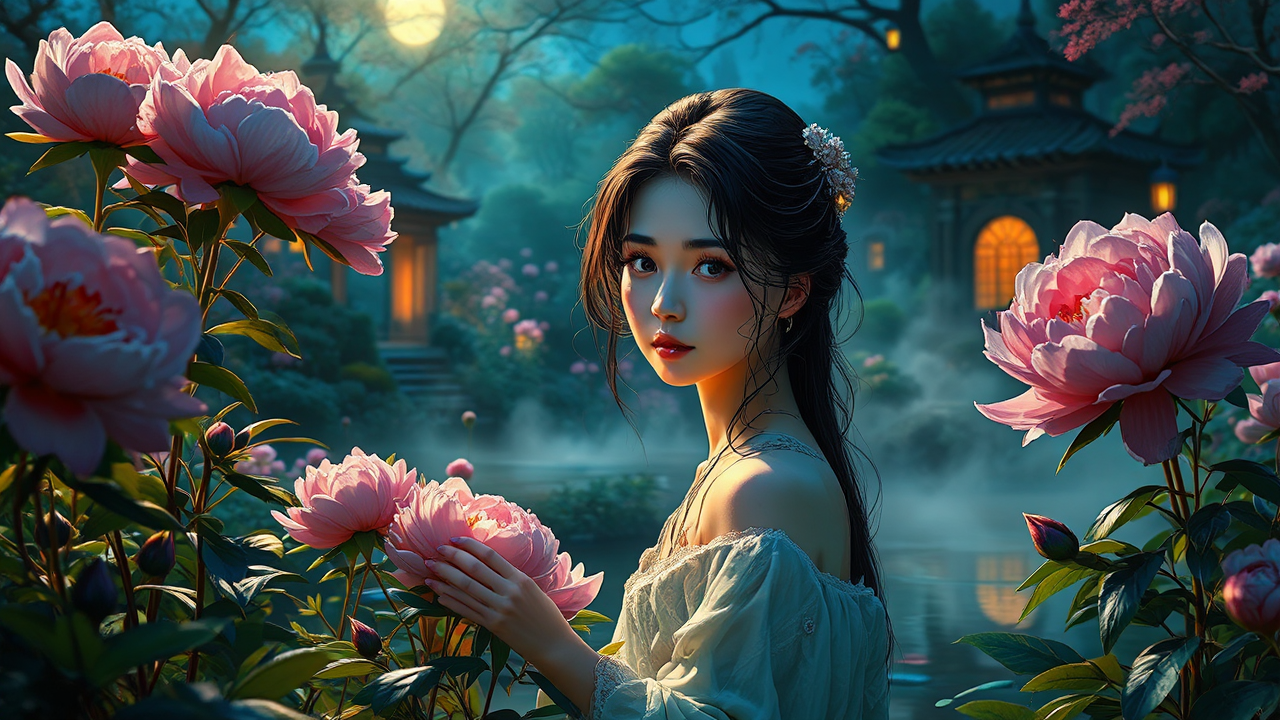 Woman cares for peonies