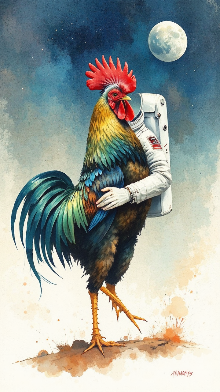 Astronaut with a rooster.