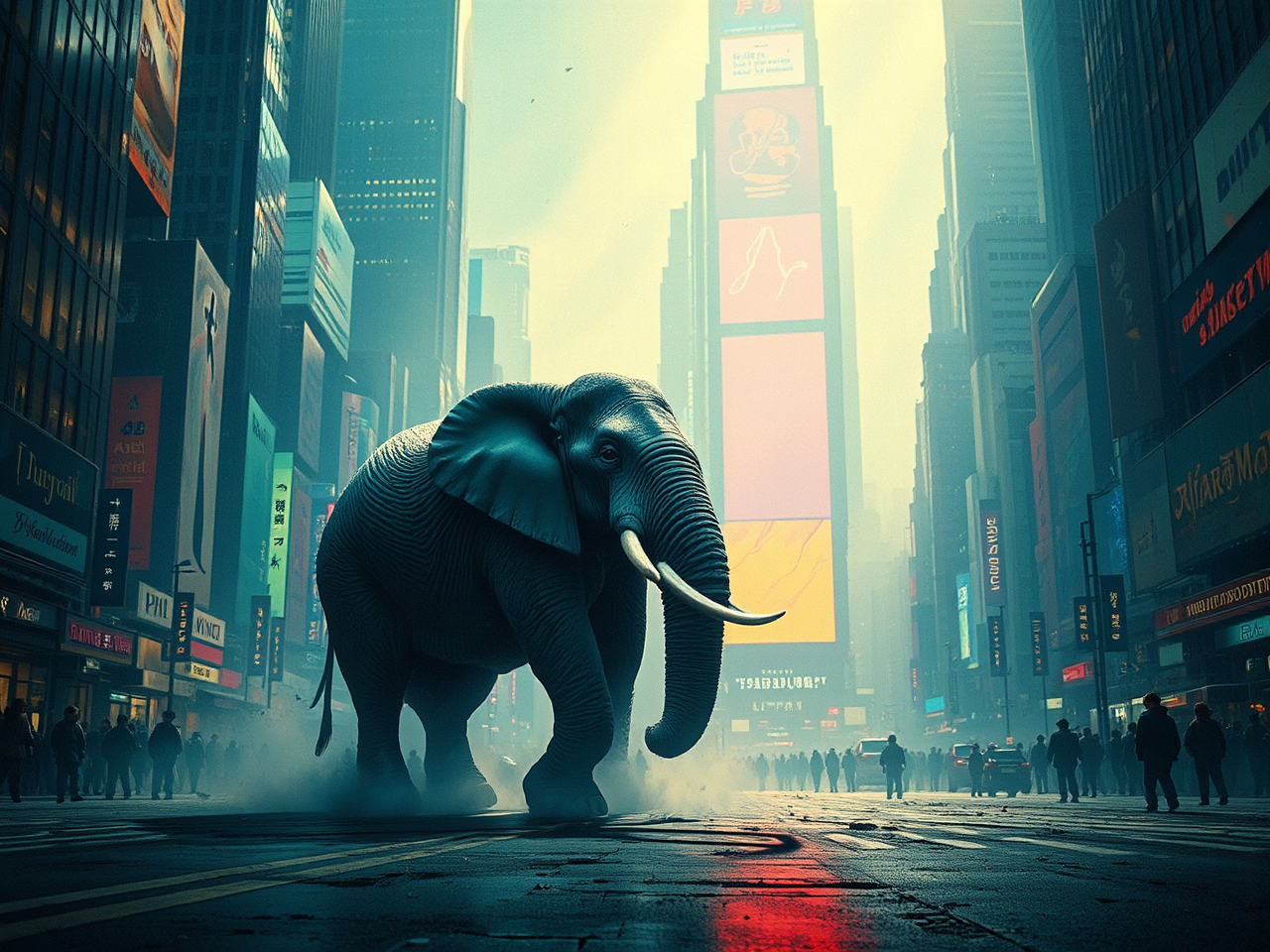 Elephant in urban movie-like