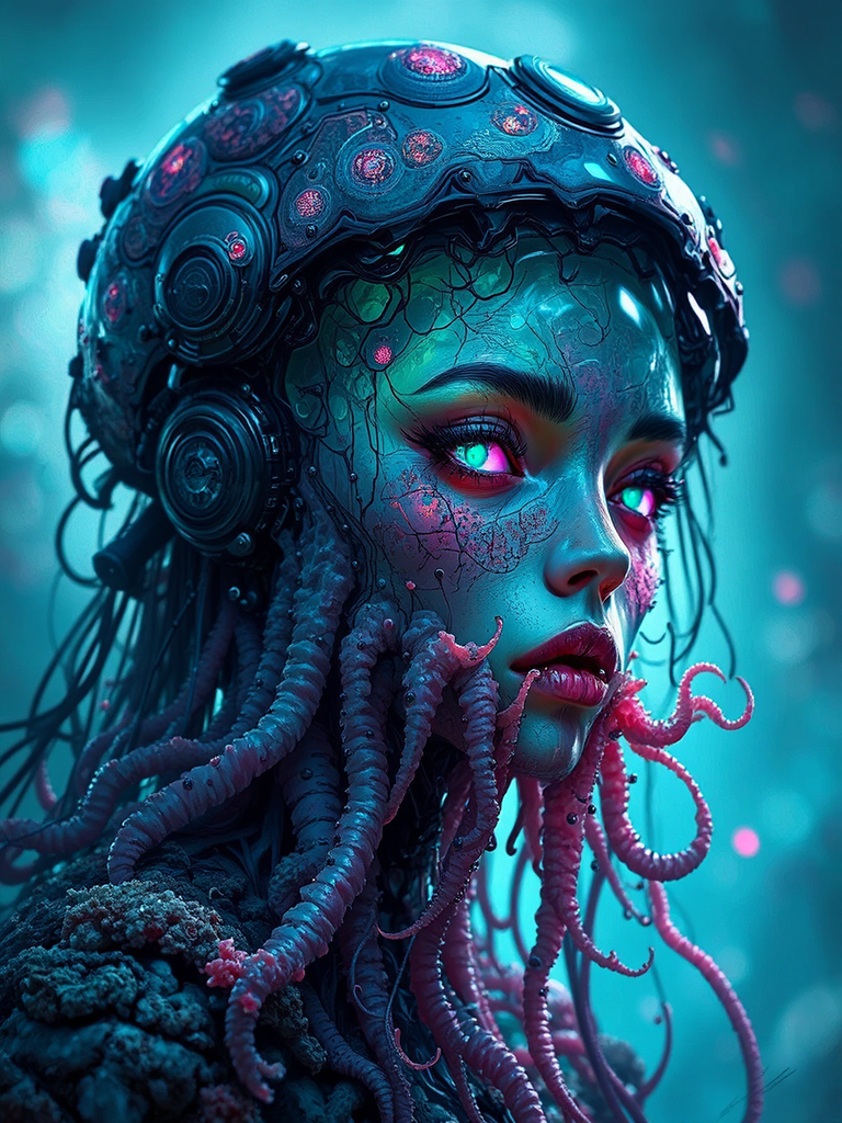Cyberpunk underwater creature with