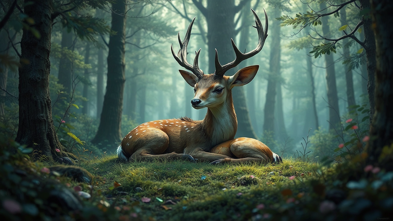 A deer sleeps with