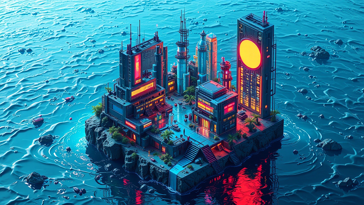 Cyberpunk cityscape underwater rendered.