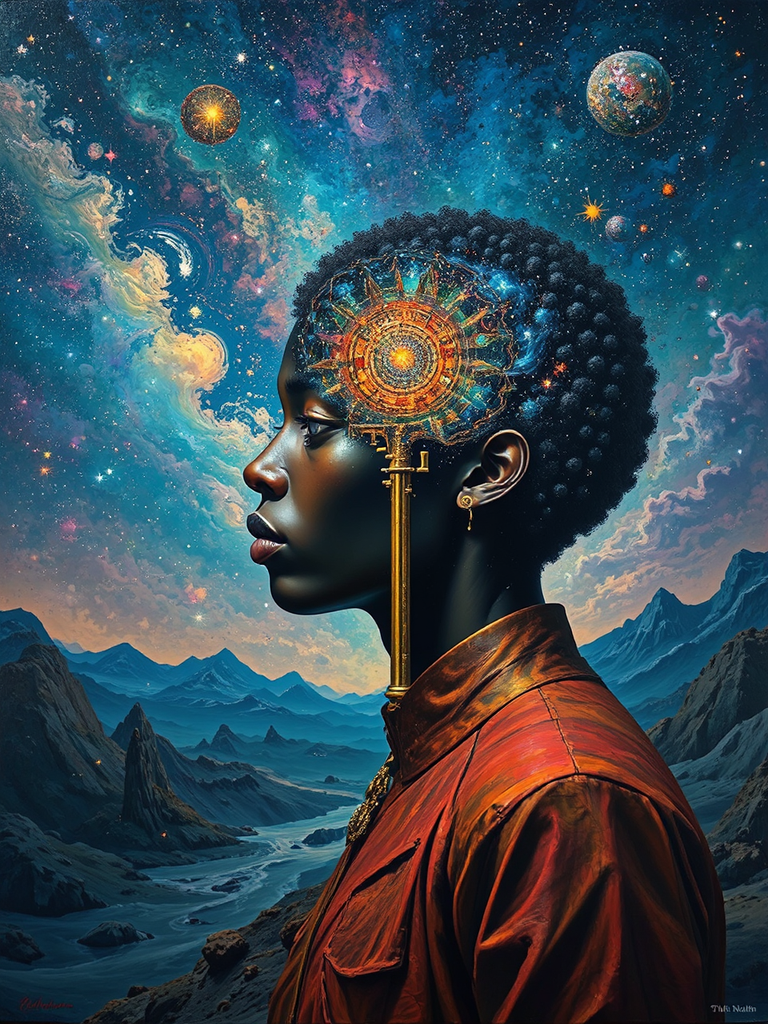 A cosmic surrealist oil