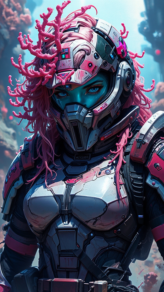 Cyberpunk warrior in underwater