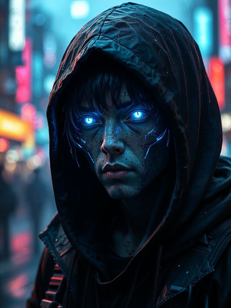 Worker in cyberpunk Tokyo.