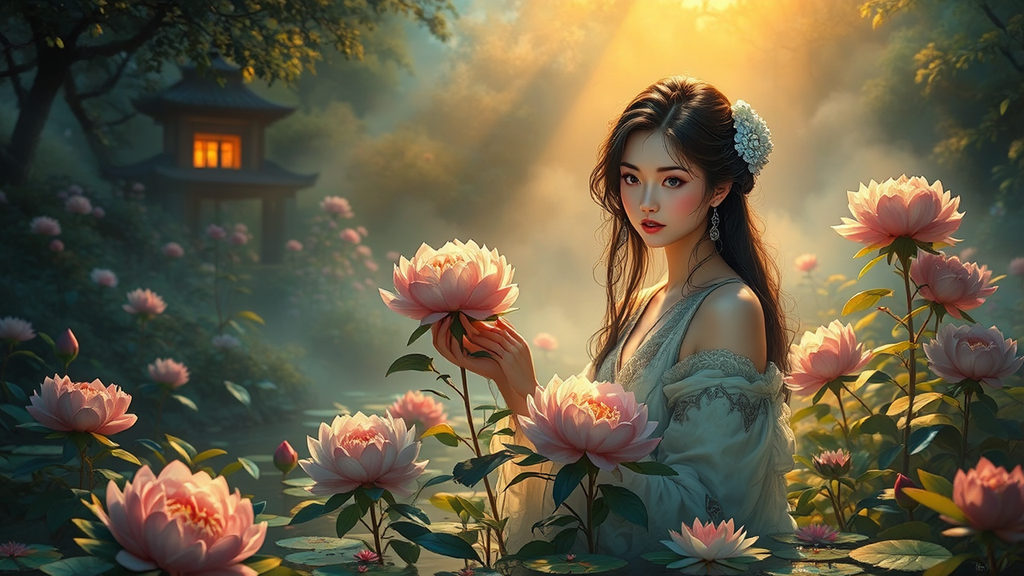 Woman tending peonies by
