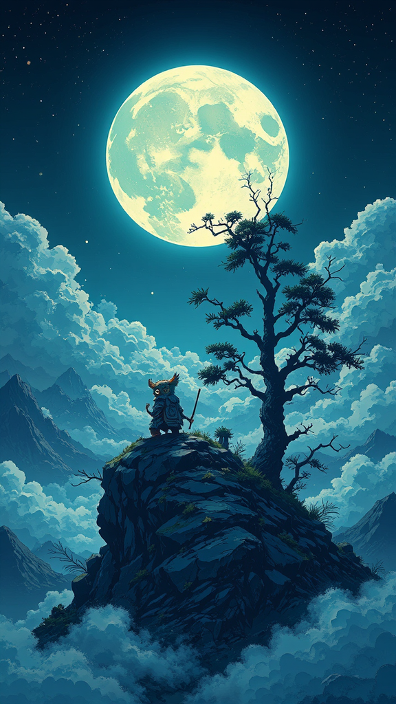 Moonlit landscape with mythical