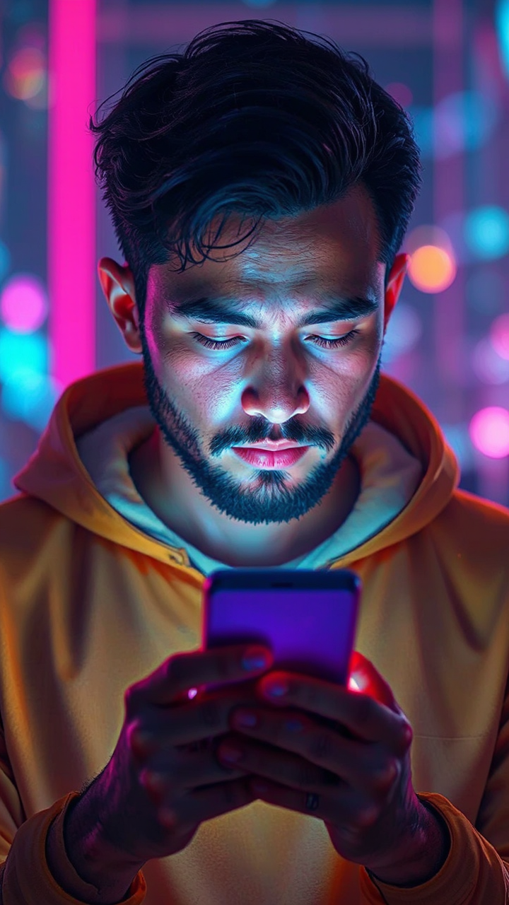 Man stares at smartphone