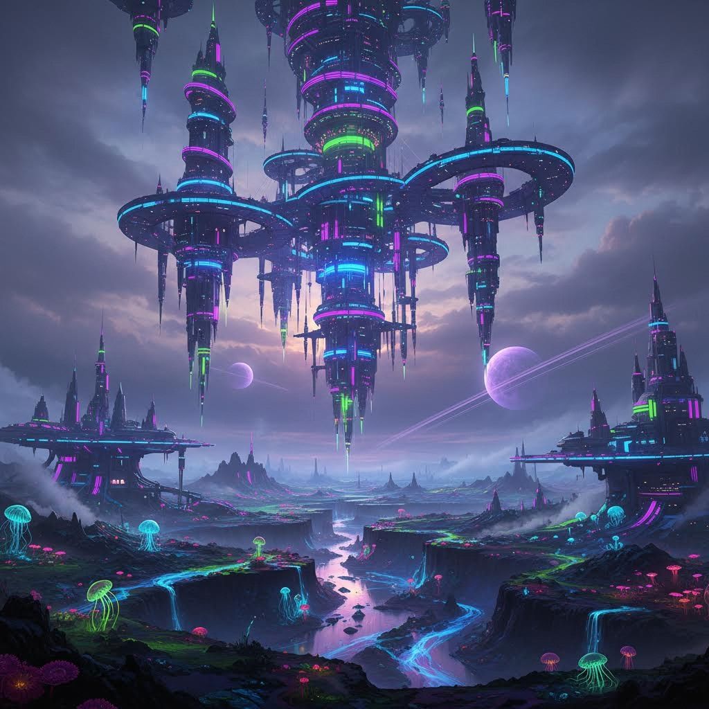 neon cyberpunk megastructure hovers
