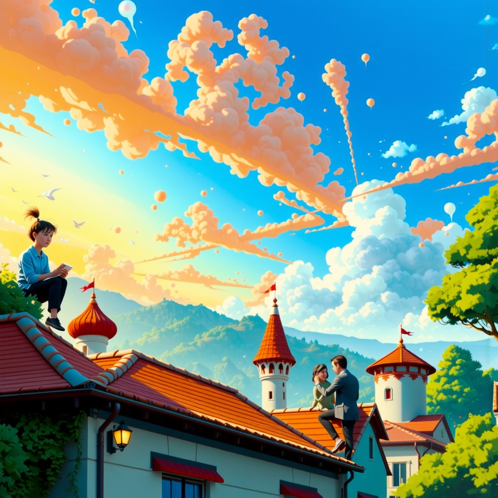 City rooftops at sunset.