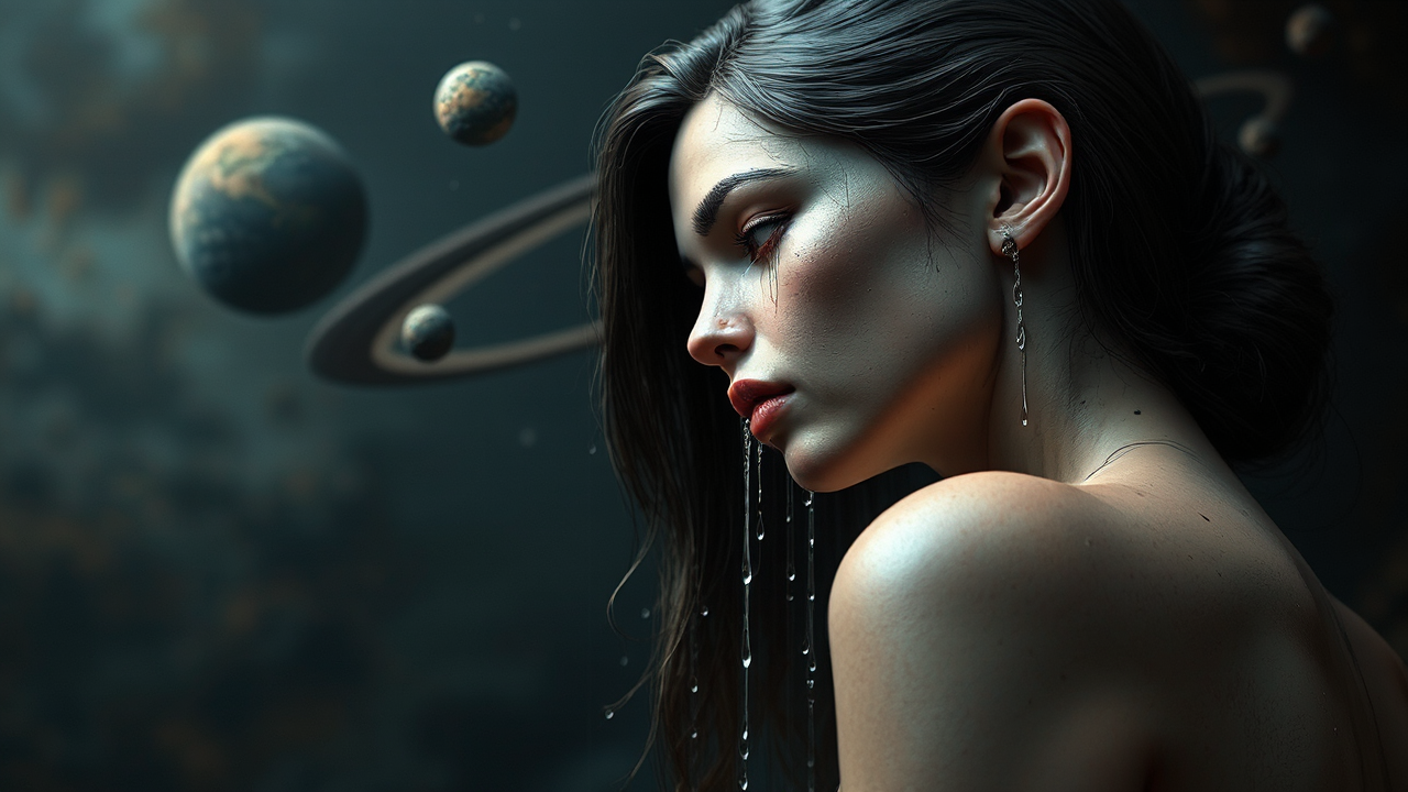 Woman crying with celestial