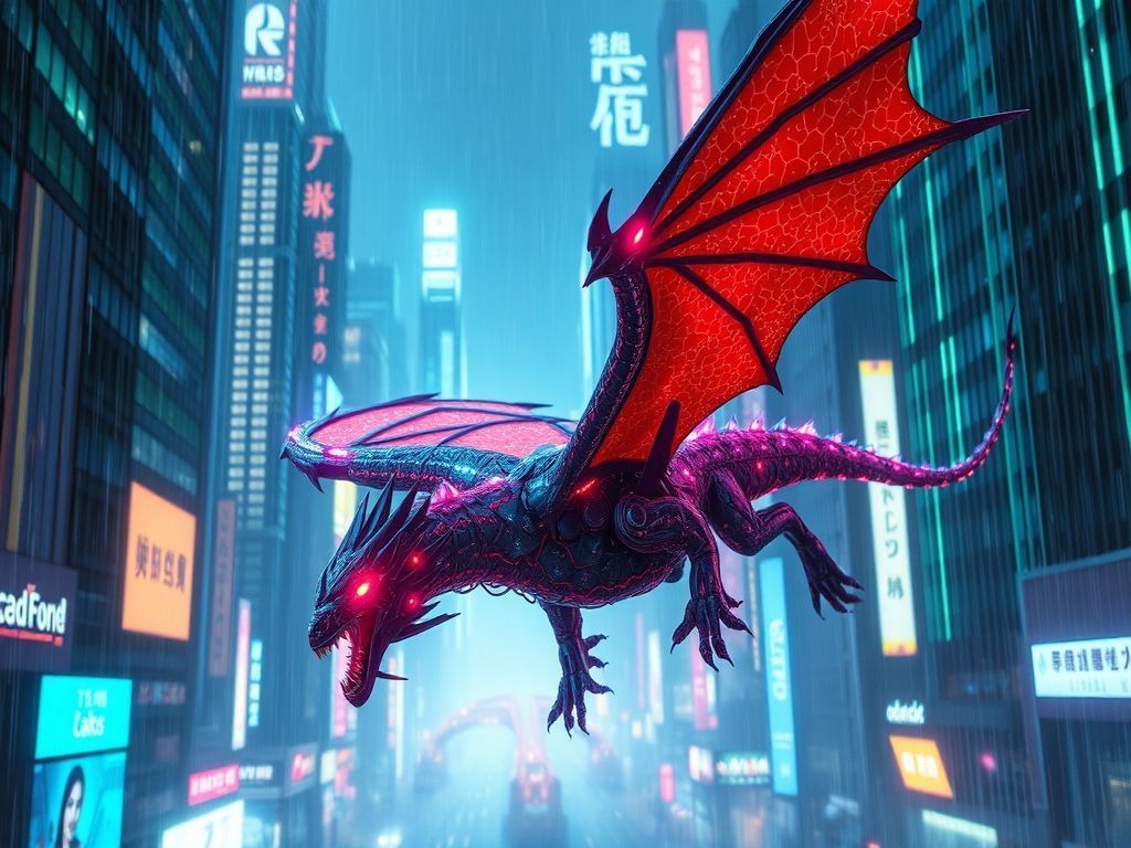 A cybernetic dragon soars