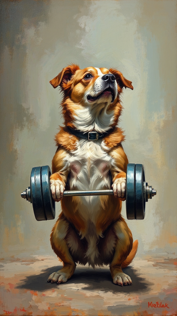 Dog lifting weights in