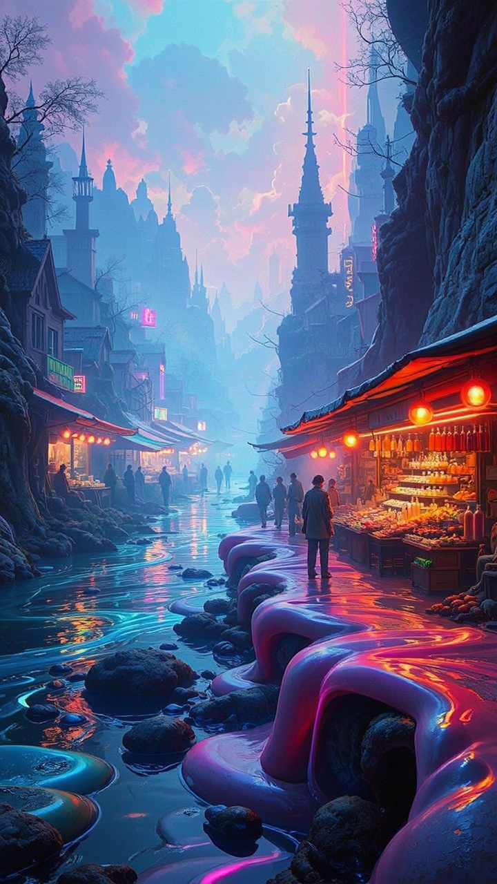 Neon-lit market on a