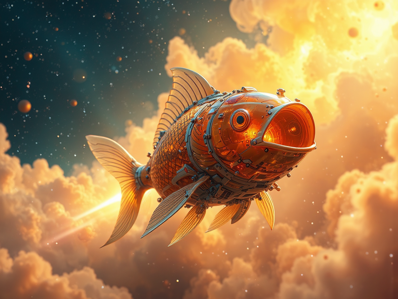 Goldfish-themed spaceship travels through