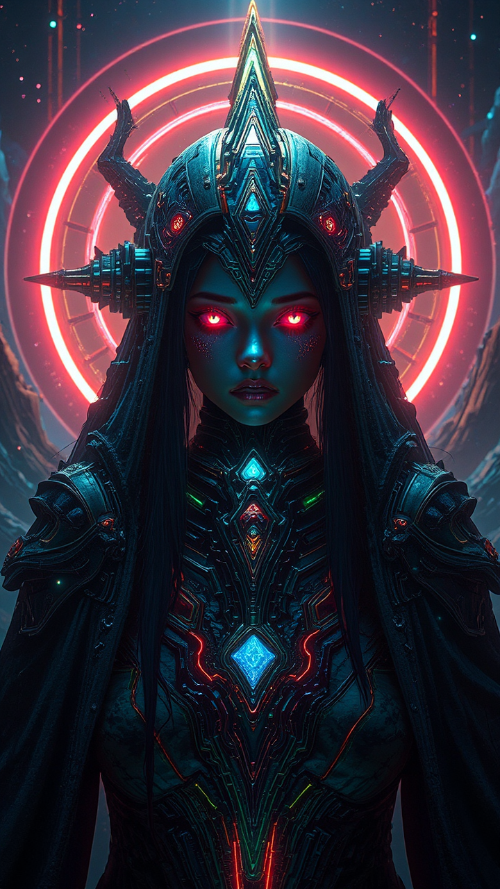 A futuristic, darkly lit