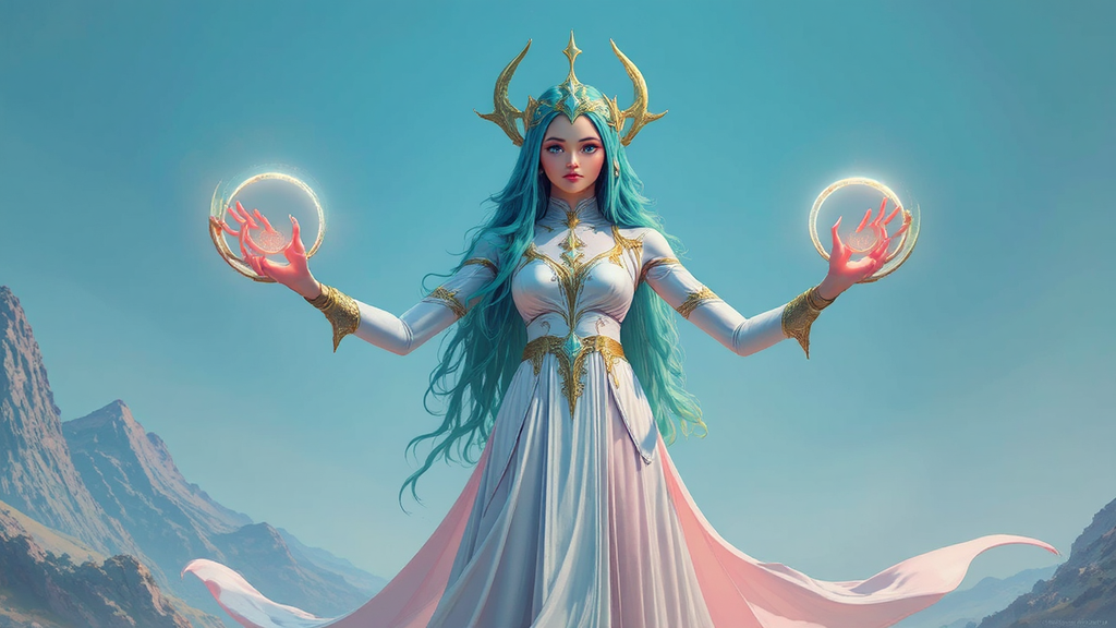Mage in pastel-colored landscape.