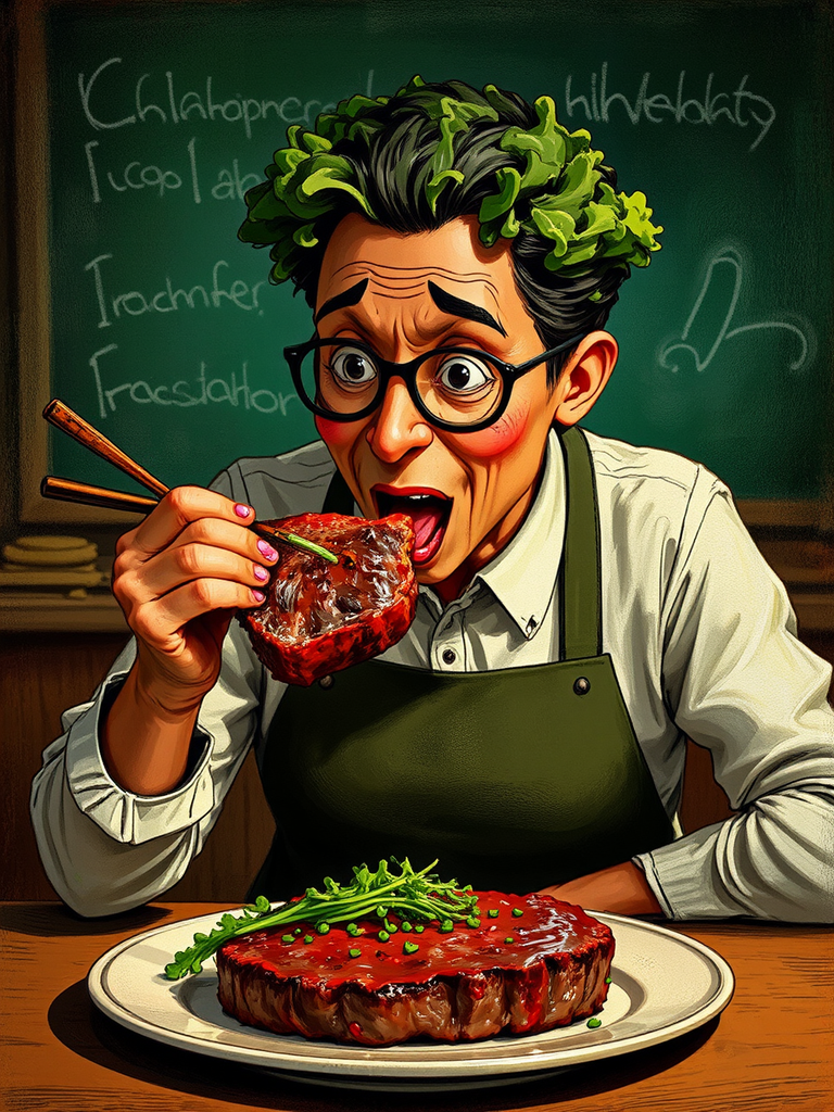 Teacher eating a meat