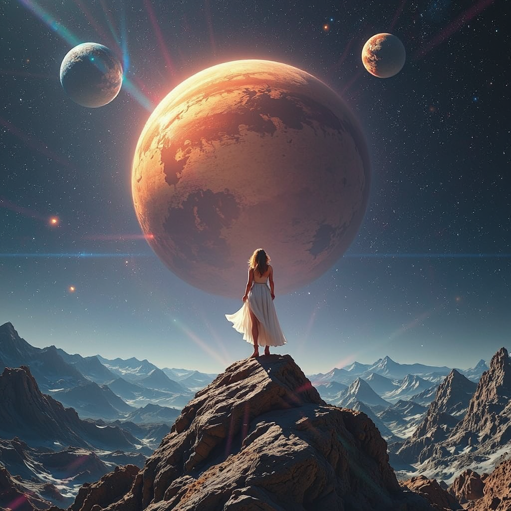 Woman watches galaxies collide.