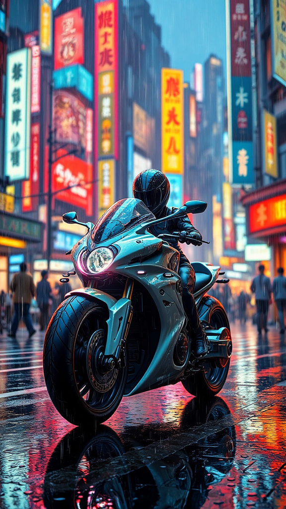 Futuristic motorcycle in rainy