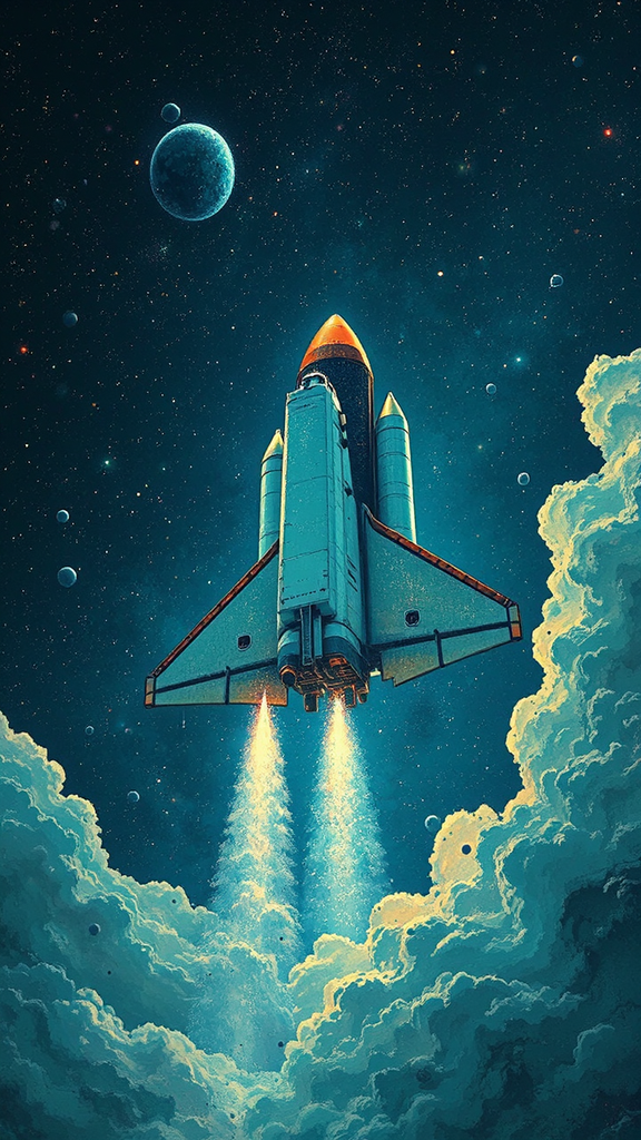Space shuttle soaring through