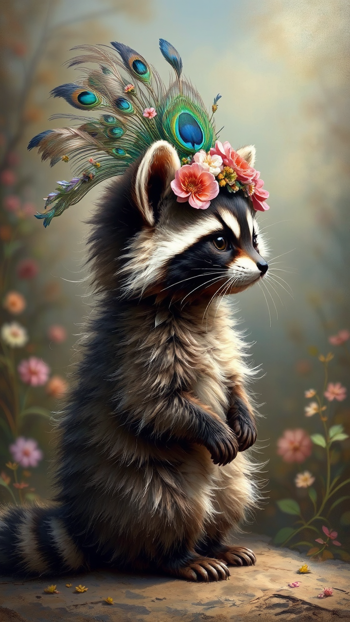 Raccoon-kitten hybrid with headdress.