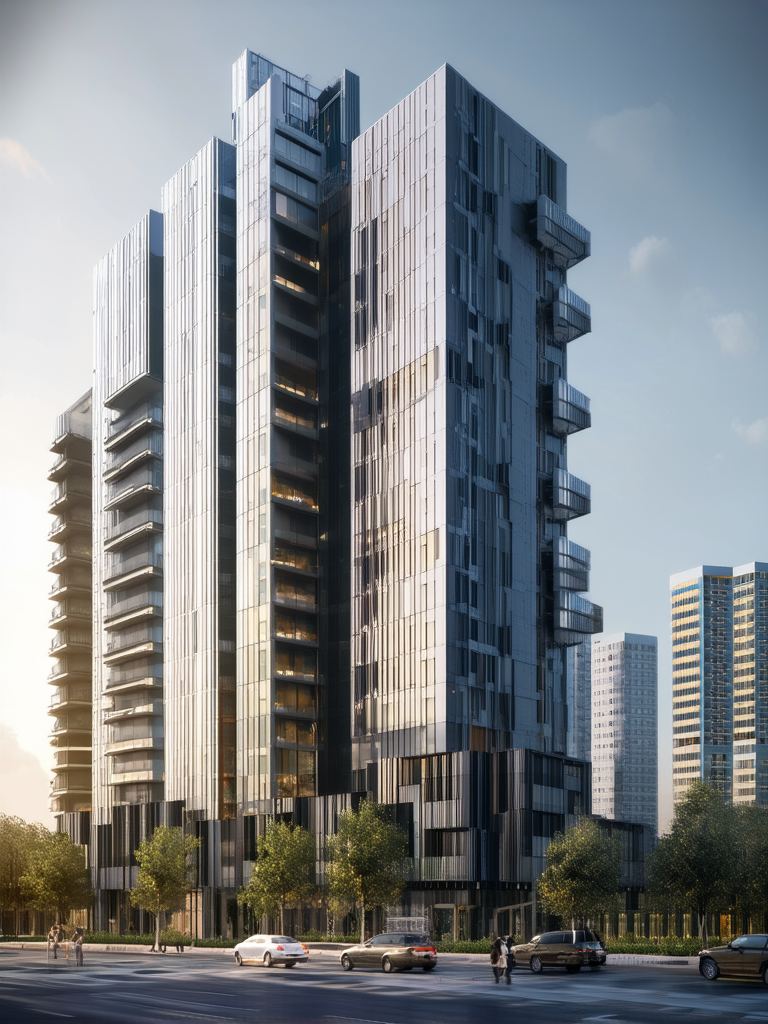 High-rise building with detailed