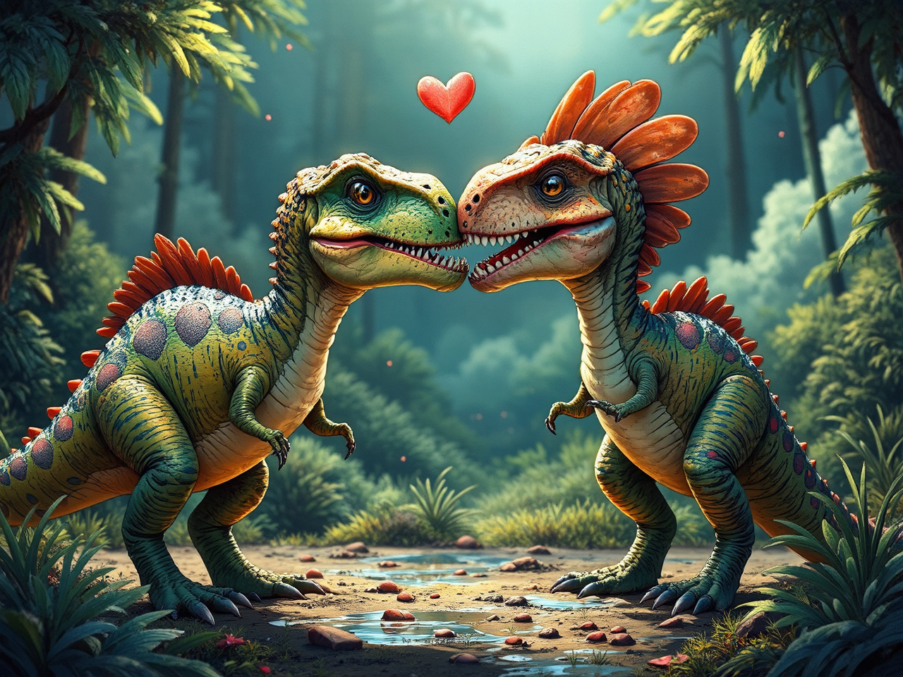 Two dinosaurs embracing each
