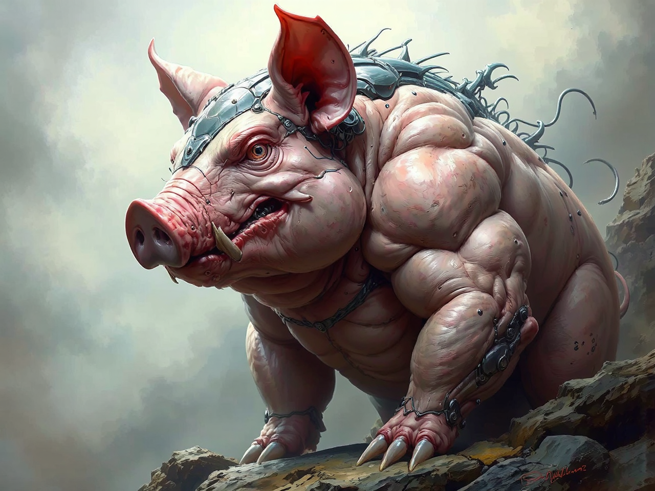Muscled cybernetic pig in