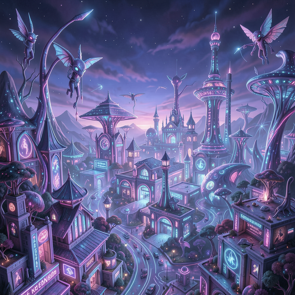 A surreal neon colored alien city