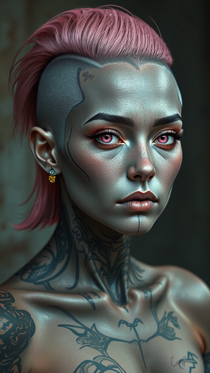 Middle-aged woman with tattoos