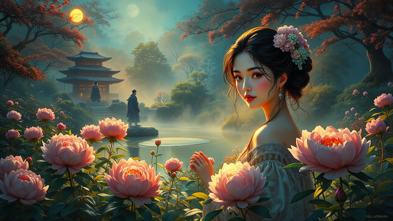 Woman caring for peonies