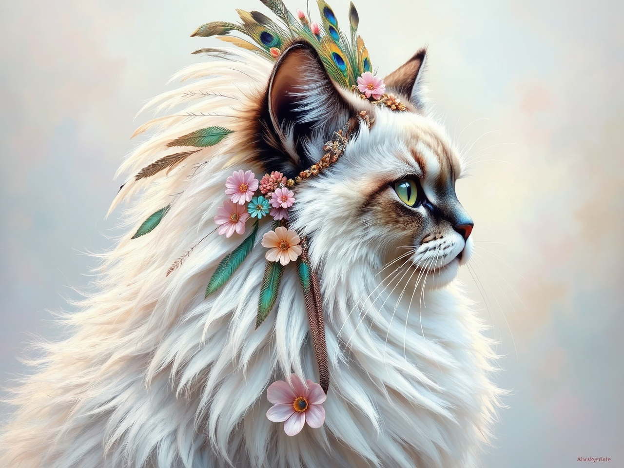 White cat in colorful