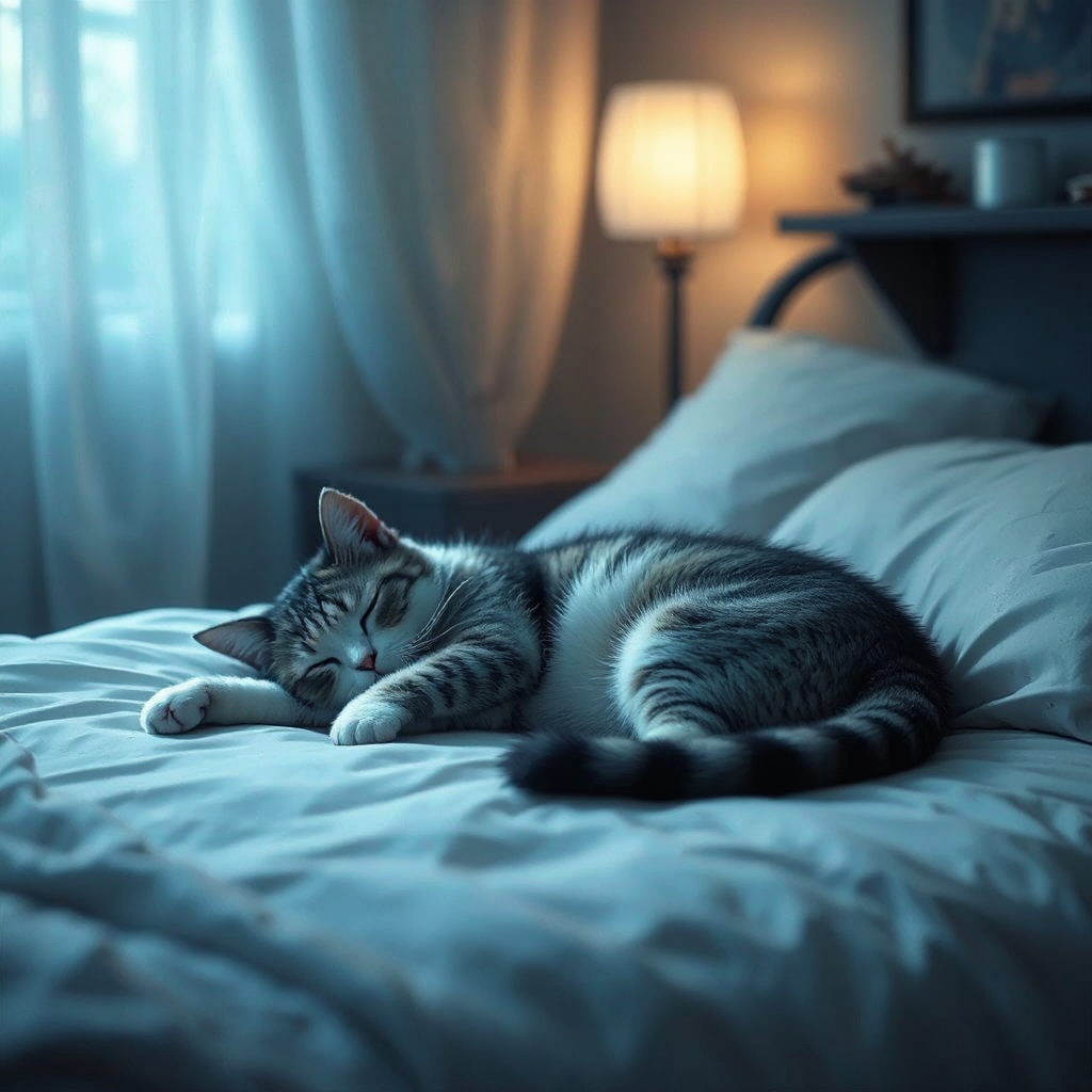 A cat sleeps in