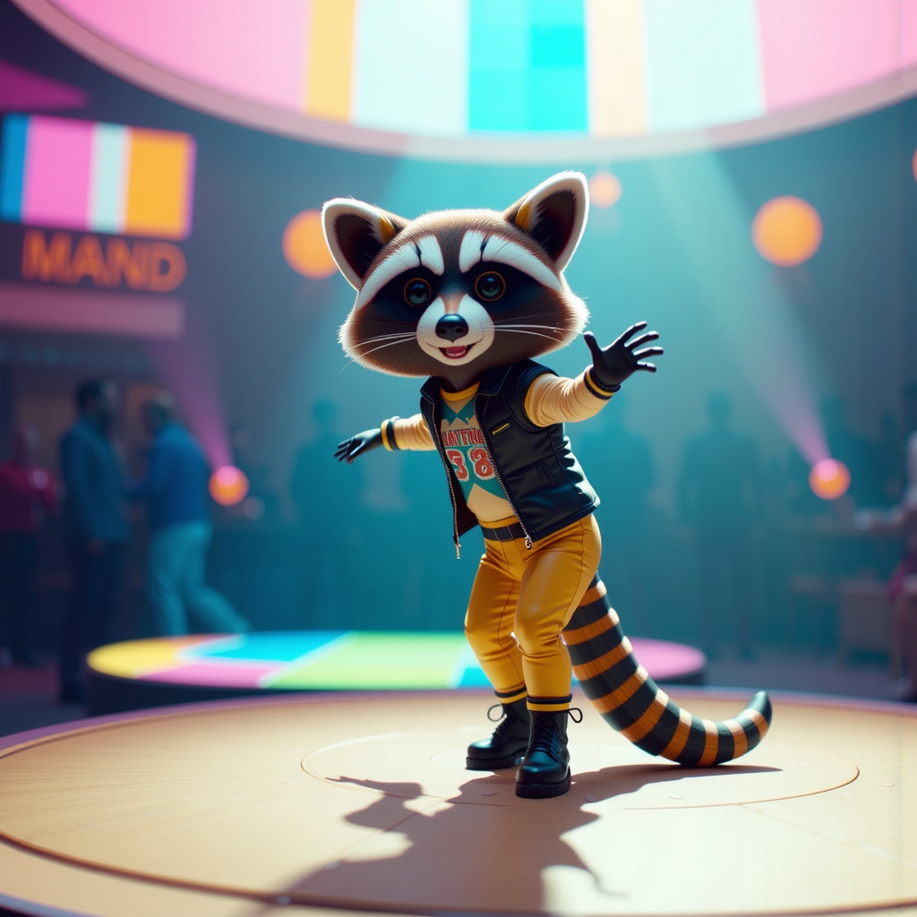 Anthropomorphic racoon dressed in