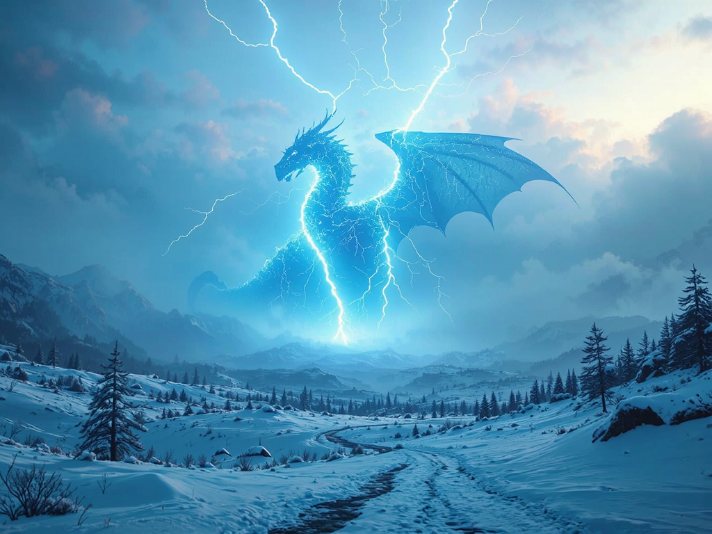 Dragon-shaped lightning in snowy