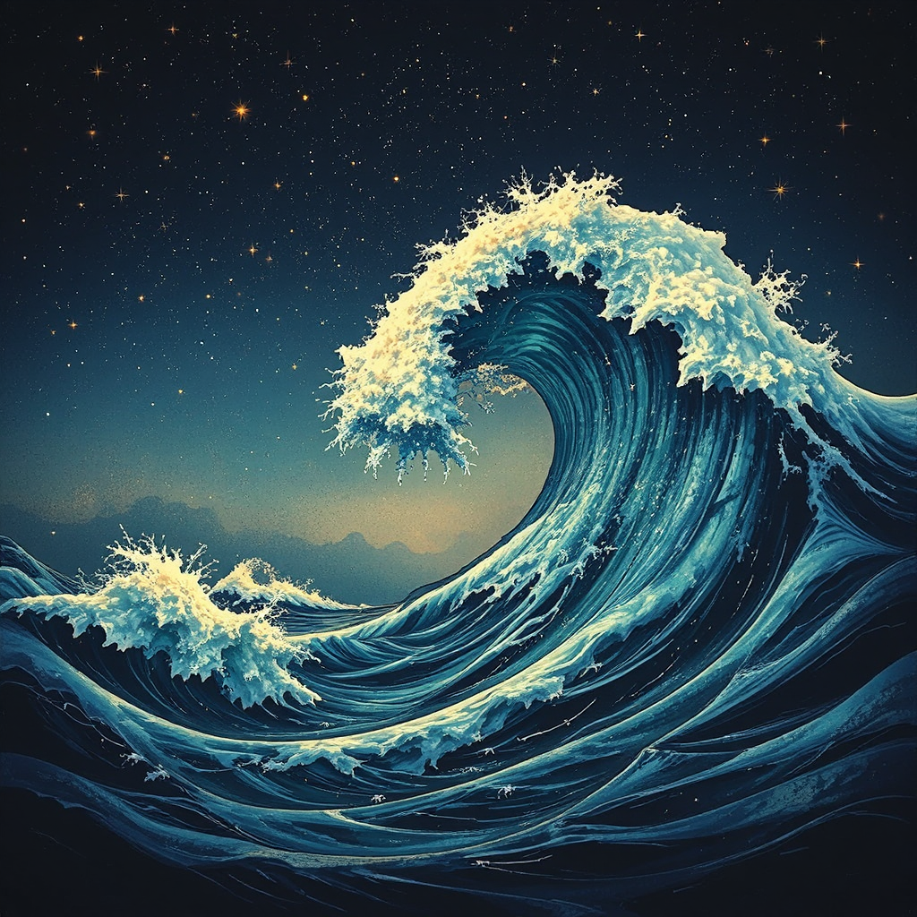 Exuberant waves crash against
